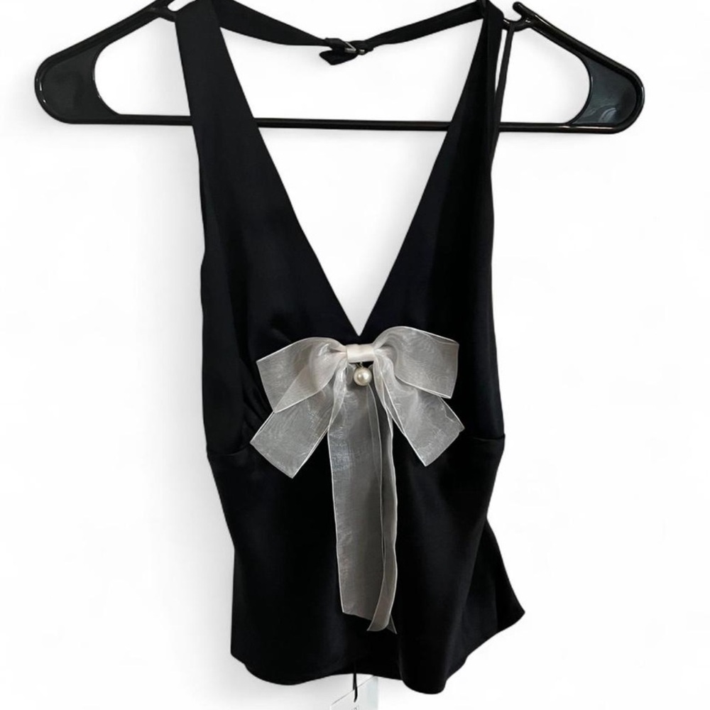 Black Satin V-Neck Tank with Silver Bow Accent